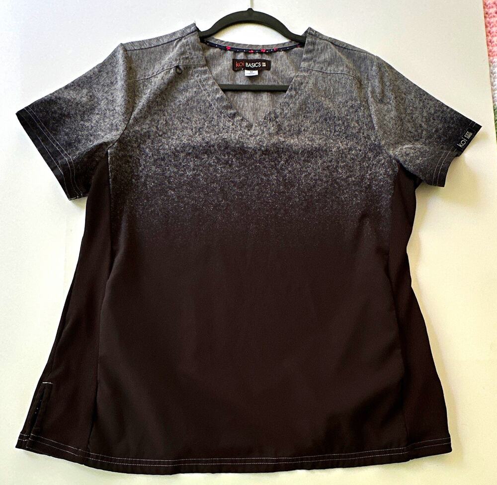 koi BASICS Women’s Scrub Top Size M Gray Black V-Neck Solid Poly Spandex Stretch